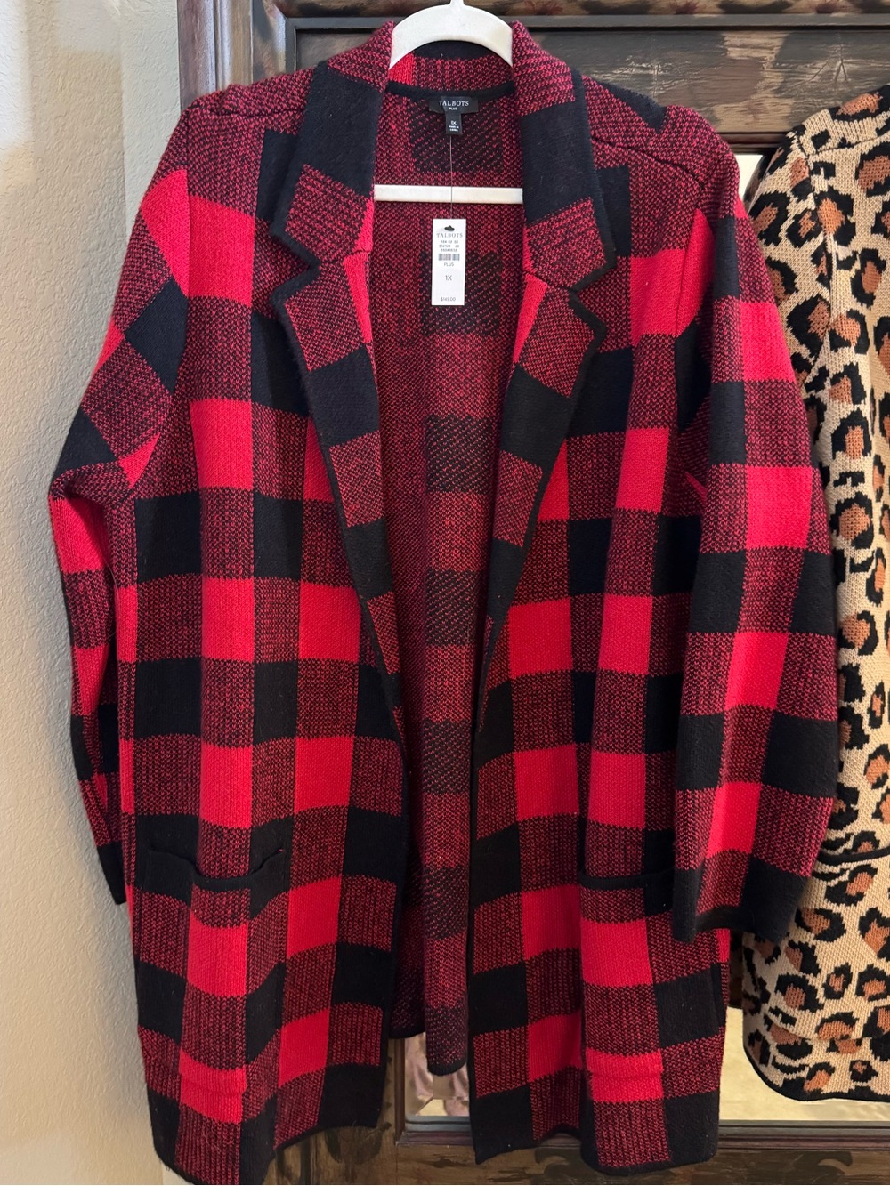 Talbots Red and Black Buffalo Plaid Open-Front Sweater Jacket, 1X, NWT